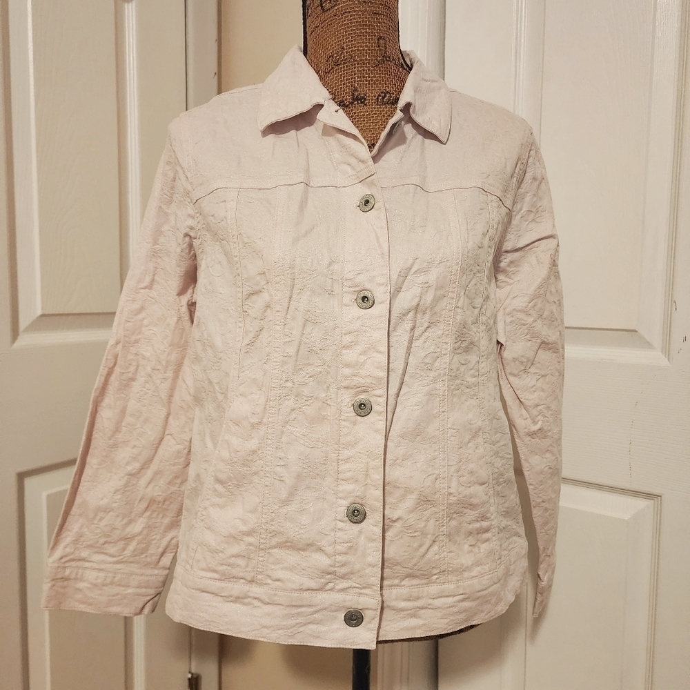 Chico's Light Pink Shimmery Floral Collared Jacket Women's Medium M Spring EUC